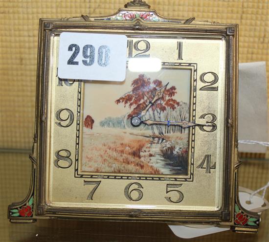 1930s Swiss gilt metal easel mantel clock with gilt dial centred by a painted river scene